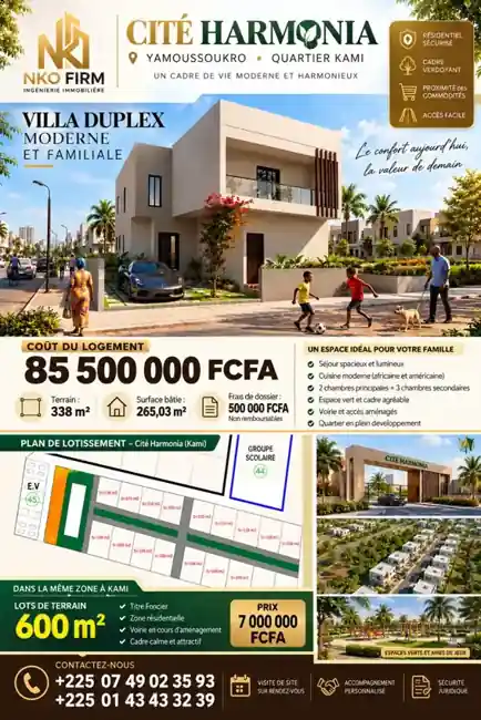 Support promotionnel illustrant la villa Harmonia et l'annonce distincte des lots de 600 mètres carrés à Kami