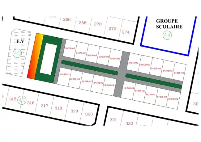 Plan AHOKOBO KAMI, montrant des parcelles de 338, 348 et 373 mètres carrés